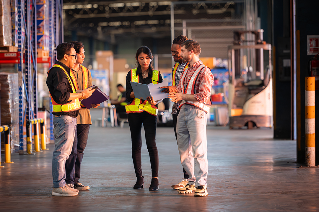 A group of warehouse employees, Inspecting products on warehouse